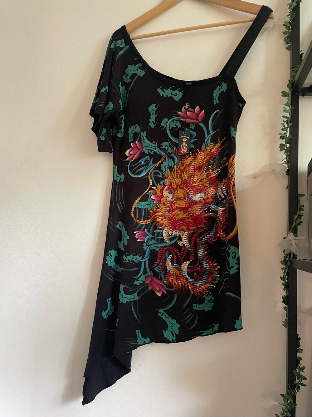 Y2K Christian Audigier Dragon Cyber Grunge McBling Punk Shoulder Shirt Dress XL
